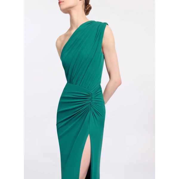 Elie Saab Jersey Long Dress in Green featuring Asymmetrical Draping – Luxury Designer Fashion at Luxury Shoes .