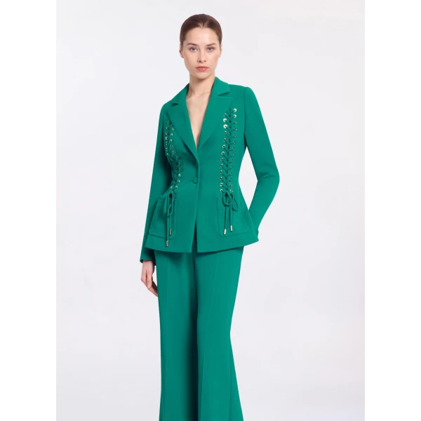Elie Saab Lace Up Cady Blazer in Green featuring Tailored Collar & Lapel – Luxury Designer Fashion at Luxury Shoes .