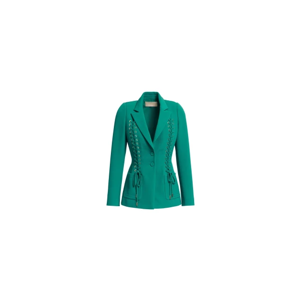 Elie Saab Lace Up Cady Blazer in Green featuring Tailored Collar & Lapel – Luxury Designer Fashion at Luxury Shoes .