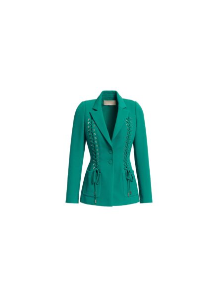 Elie Saab Lace Up Cady Blazer in Green featuring Tailored Collar & Lapel – Luxury Designer Fashion at Luxury Shoes .