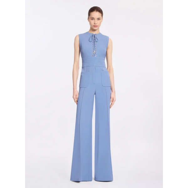 Elie Saab Lace Up Cady Jumpsuit in Blue featuring Top-Stitch Details – Luxury Designer Fashion at Luxury Shoes .