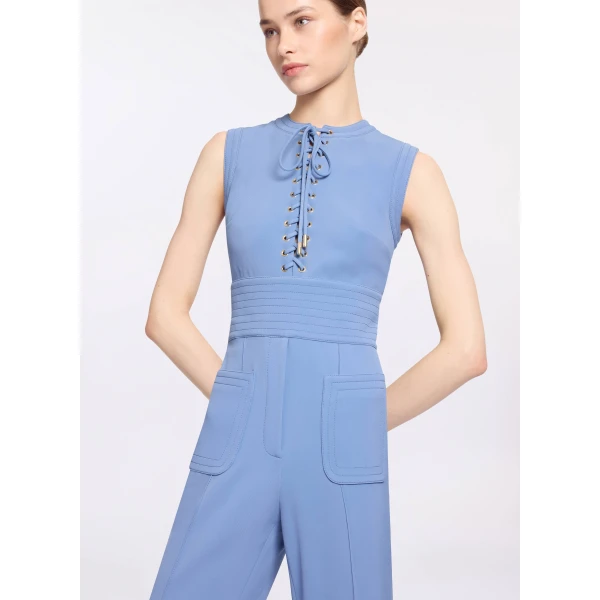 Elie Saab Lace Up Cady Jumpsuit in Blue featuring Top-Stitch Details – Luxury Designer Fashion at Luxury Shoes .