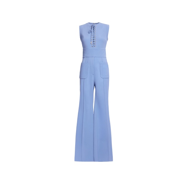 Elie Saab Lace Up Cady Jumpsuit in Blue featuring Top-Stitch Details – Luxury Designer Fashion at Luxury Shoes .