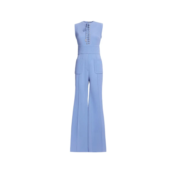 Elie Saab Lace Up Cady Jumpsuit in Blue featuring Top-Stitch Details – Luxury Designer Fashion at Luxury Shoes .