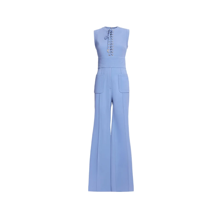 Elie Saab Lace Up Cady Jumpsuit in Blue featuring Top-Stitch Details – Luxury Designer Fashion at Luxury Shoes .