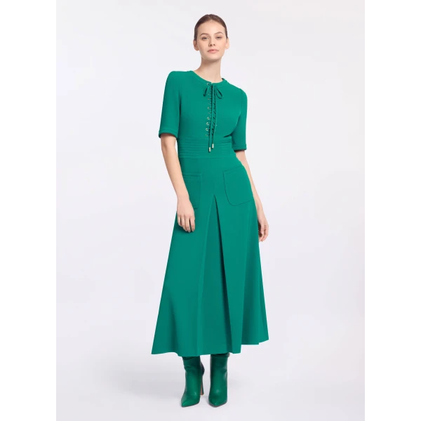 Elie Saab Lace Up Cady Midi Dress in Green featuring Top-Stitch Details – Luxury Designer Fashion at Luxury Shoes .