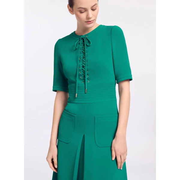 Elie Saab Lace Up Cady Midi Dress in Green featuring Top-Stitch Details – Luxury Designer Fashion at Luxury Shoes .