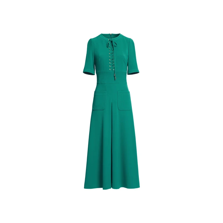 Elie Saab Lace Up Cady Midi Dress in Green featuring Top-Stitch Details – Luxury Designer Fashion at Luxury Shoes .