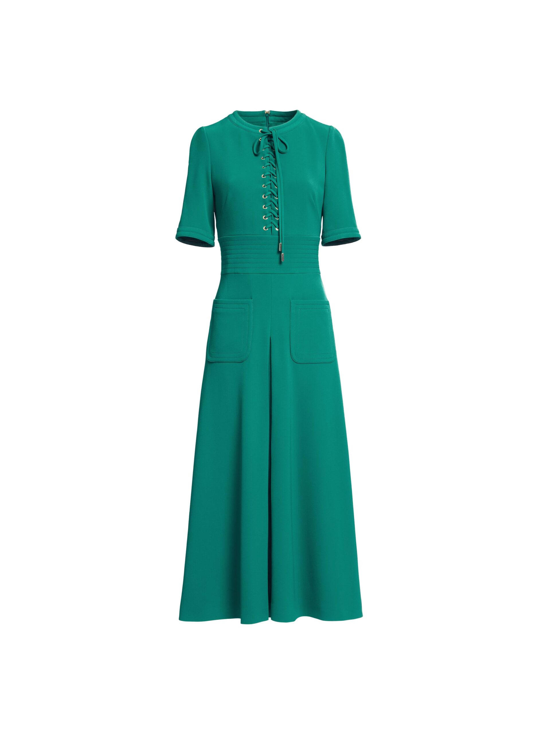 Elie Saab Lace Up Cady Midi Dress Elie Saab Lace Up Cady Midi Dress in Green featuring Top-Stitch Details – Luxury Designer Fashion at Luxury Shoes .