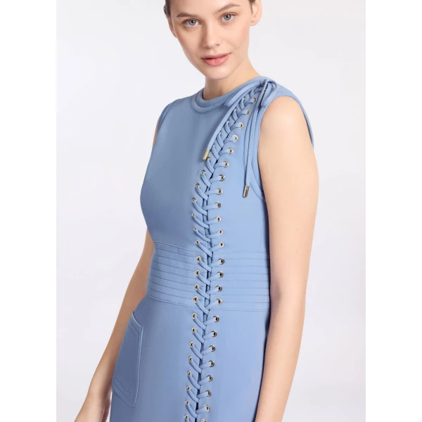 Elie Saab Lace Up Cady Short Dress in Blue featuring Top-Stitch Details – Luxury Designer Fashion at Luxury Shoes .