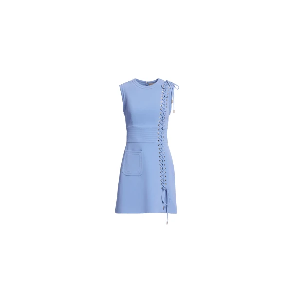 Elie Saab Lace Up Cady Short Dress in Blue featuring Top-Stitch Details – Luxury Designer Fashion at Luxury Shoes .