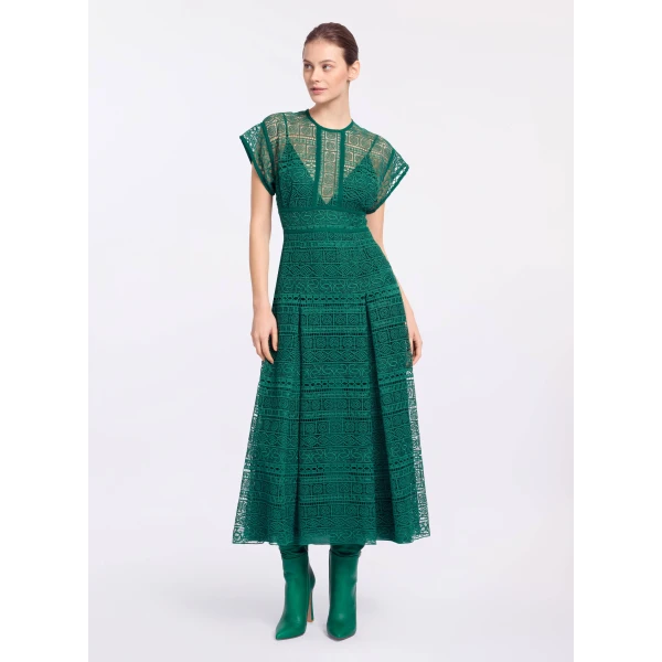 Elie Saab Macramé Midi Dress in Green featuring Round Neck – Luxury Designer Fashion at Luxury Shoes .