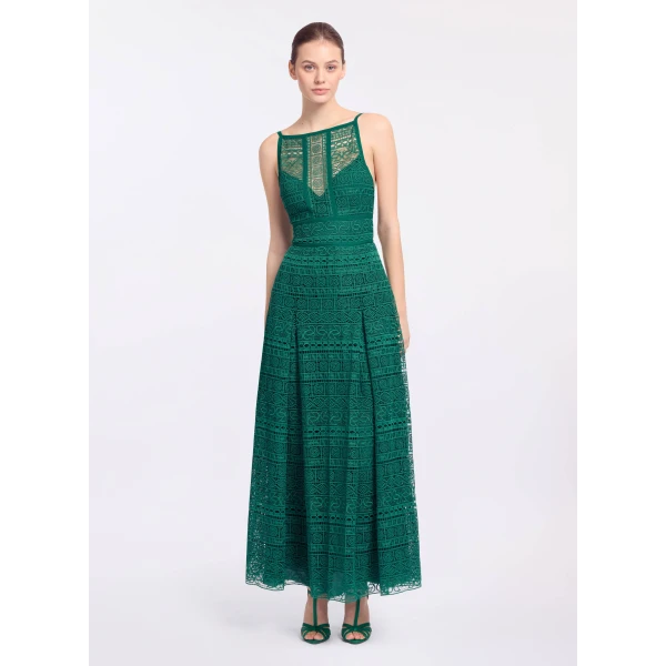 Elie Saab Macramé Midi Dress in Green featuring Square Neck – Luxury Designer Fashion at Luxury Shoes .