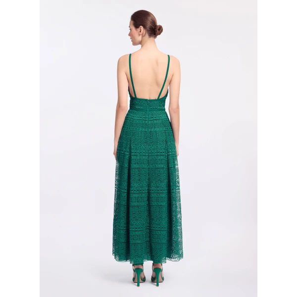 Elie Saab Macramé Midi Dress in Green featuring Square Neck – Luxury Designer Fashion at Luxury Shoes .