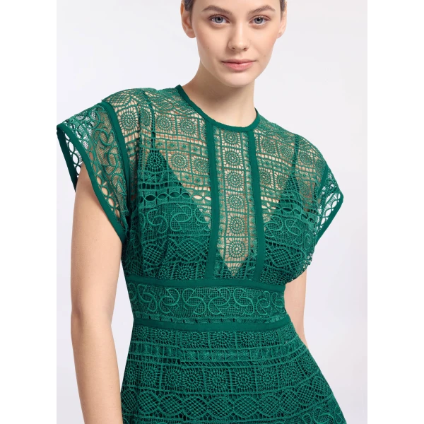 Elie Saab Macramé Midi Dress in Green featuring Round Neck – Luxury Designer Fashion at Luxury Shoes .