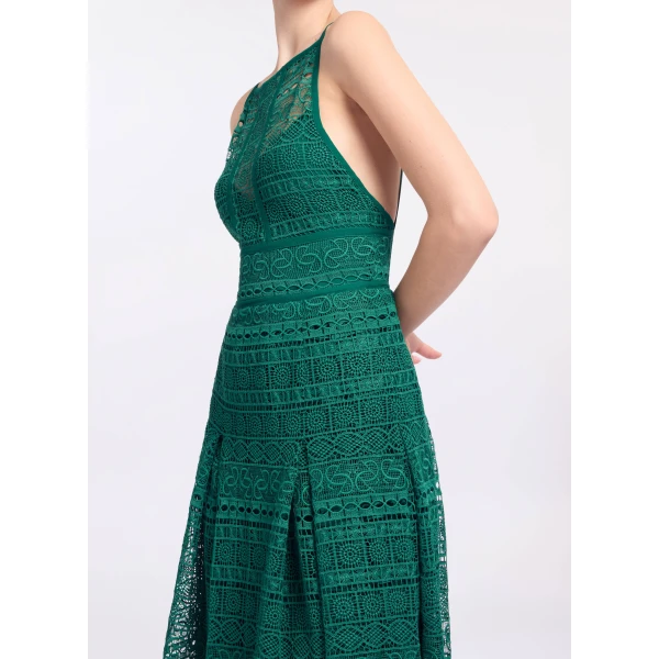 Elie Saab Macramé Midi Dress in Green featuring Square Neck – Luxury Designer Fashion at Luxury Shoes .