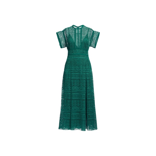 Elie Saab Macramé Midi Dress in Green featuring Round Neck – Luxury Designer Fashion at Luxury Shoes .