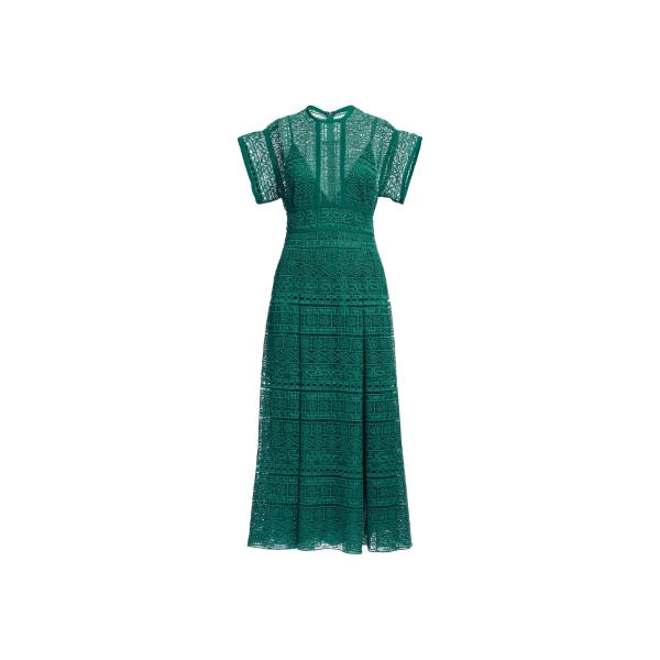 Elie Saab Macramé Midi Dress in Green featuring Round Neck – Luxury Designer Fashion at Luxury Shoes .