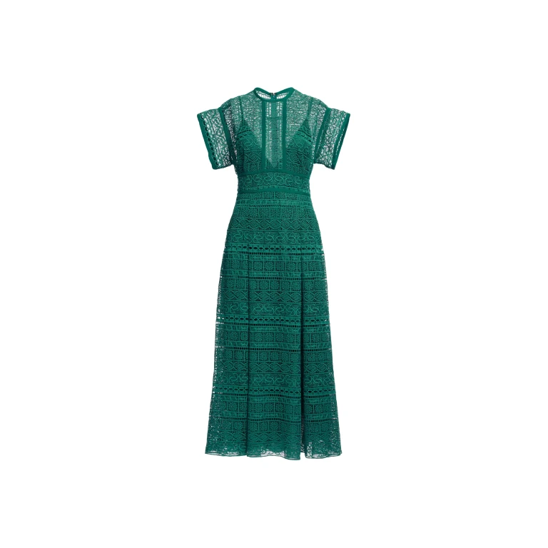Elie Saab Macramé Midi Dress in Green featuring Round Neck – Luxury Designer Fashion at Luxury Shoes .