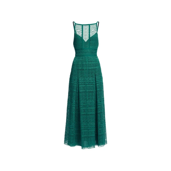 Elie Saab Macramé Midi Dress in Green featuring Square Neck – Luxury Designer Fashion at Luxury Shoes .