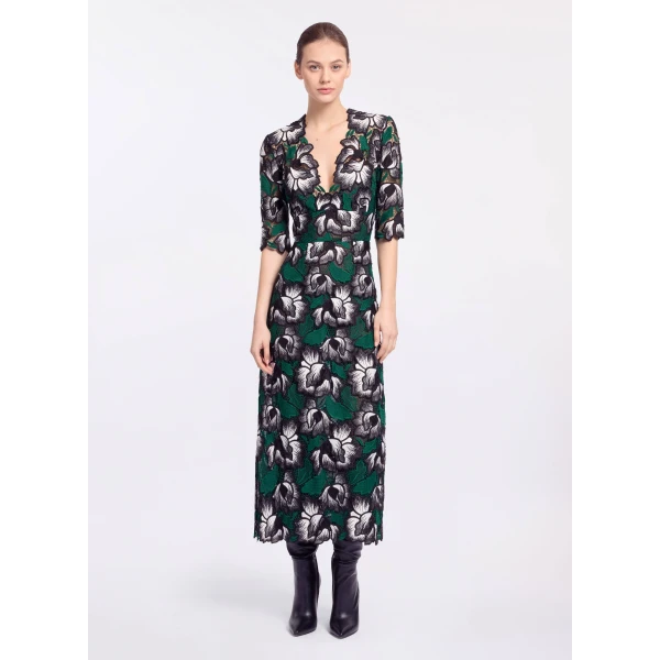 Elie Saab Macramé Midi Dress in Multicolour featuring V-Neck – Luxury Designer Fashion at Luxury Shoes .