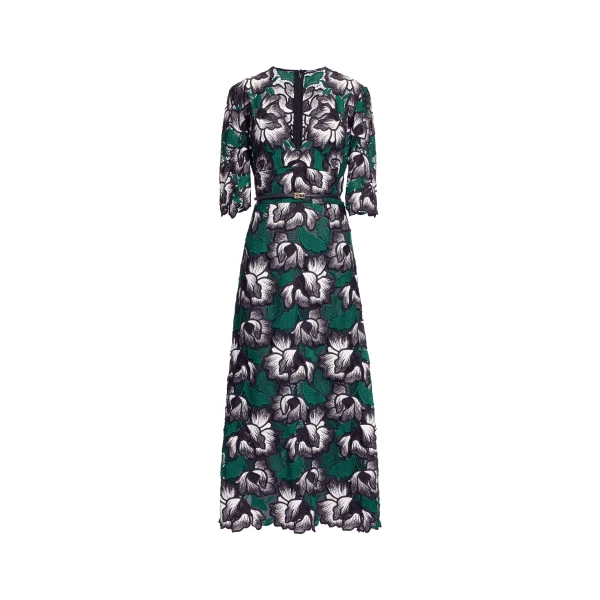 Elie Saab Macramé Midi Dress in Multicolour featuring V-Neck – Luxury Designer Fashion at Luxury Shoes .