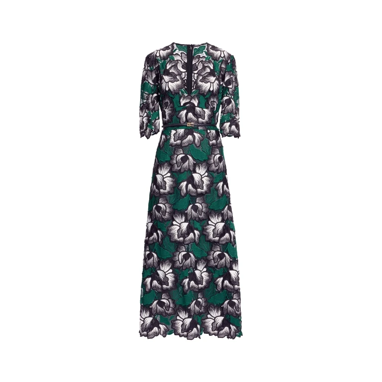 Elie Saab Macramé Midi Dress in Multicolour featuring V-Neck – Luxury Designer Fashion at Luxury Shoes .
