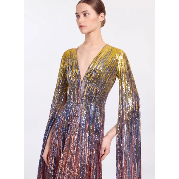 Elie Saab Multicolor Sequin Long Dress in Multicolour featuring Gradient-Effect Sequin Embroidery – Luxury Designer Fashion at Luxury Shoes .