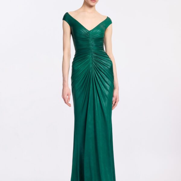 Elie Saab Off-The-Shoulder Jersey Leatherette Long Dress in Green featuring Off-The-Shoulder – Luxury Designer Fashion at Luxury Shoes .