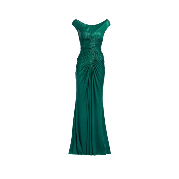 Elie Saab Off-The-Shoulder Jersey Leatherette Long Dress in Green featuring Off-The-Shoulder – Luxury Designer Fashion at Luxury Shoes .