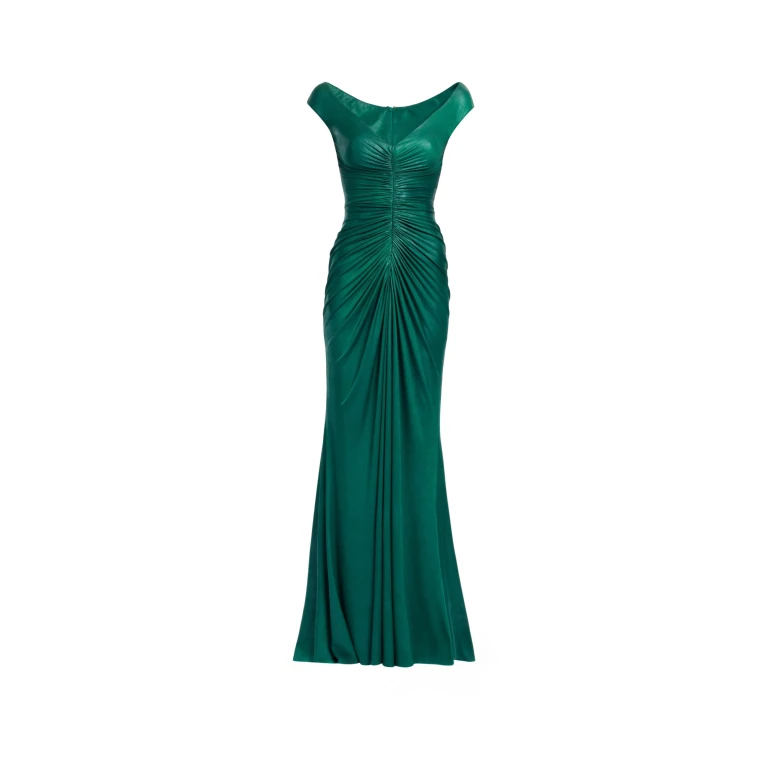 Elie Saab Off-The-Shoulder Jersey Leatherette Long Dress in Green featuring Off-The-Shoulder – Luxury Designer Fashion at Luxury Shoes .