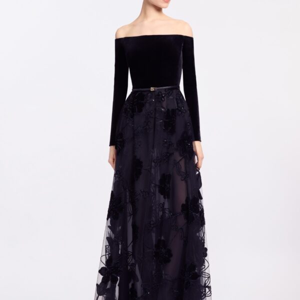 Elie Saab Off-The-Shoulder Velvet Embroidred Dress in Black featuring Off-The-Shoulder – Luxury Designer Fashion at Luxury Shoes .