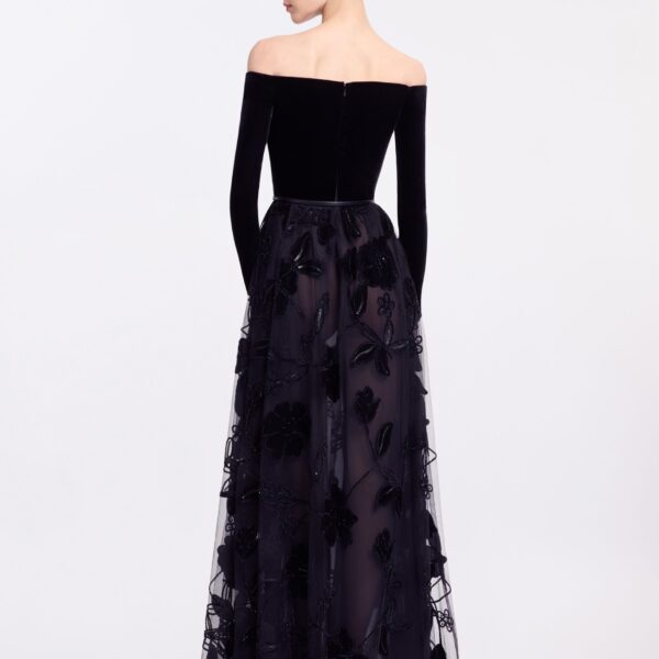 Elie Saab Off-The-Shoulder Velvet Embroidred Dress in Black featuring Off-The-Shoulder – Luxury Designer Fashion at Luxury Shoes .