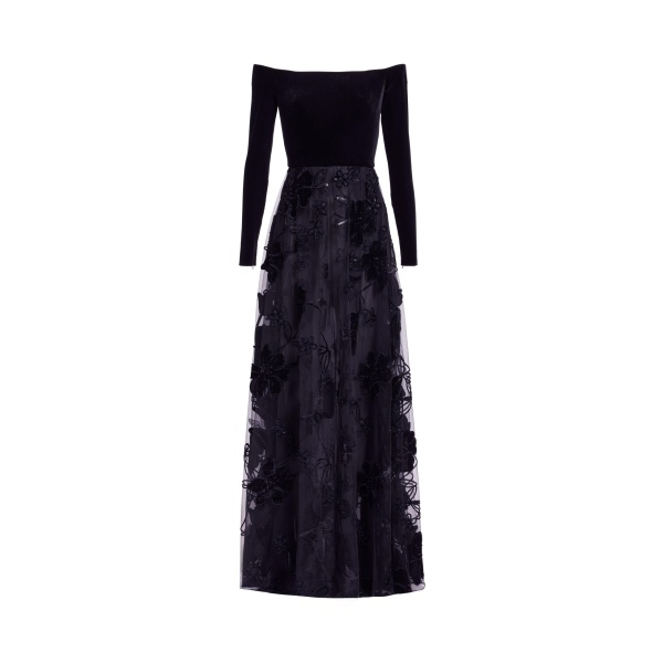Elie Saab Off-The-Shoulder Velvet Embroidred Dress in Black featuring Off-The-Shoulder – Luxury Designer Fashion at Luxury Shoes .