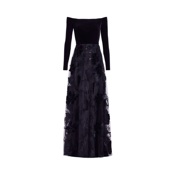 Elie Saab Off-The-Shoulder Velvet Embroidred Dress in Black featuring Off-The-Shoulder – Luxury Designer Fashion at Luxury Shoes .