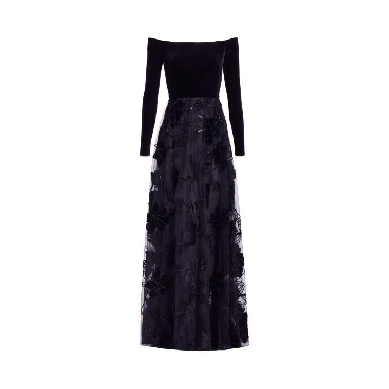 Elie Saab Off-The-Shoulder Velvet Embroidred Dress in Black featuring Off-The-Shoulder – Luxury Designer Fashion at Luxury Shoes .