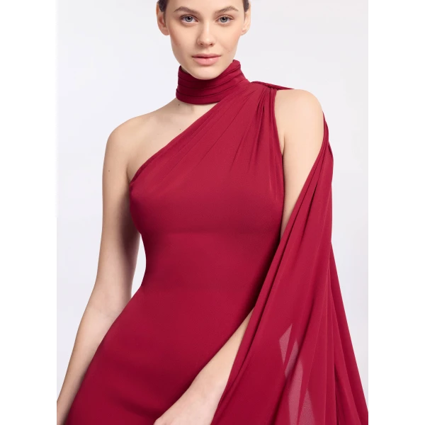 Elie Saab One-Shoulder Silk Long Dress in Red featuring Asymmetrical Draped Trail – Luxury Designer Fashion at Luxury Shoes .