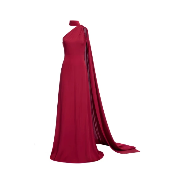 Elie Saab One-Shoulder Silk Long Dress in Red featuring Asymmetrical Draped Trail – Luxury Designer Fashion at Luxury Shoes .