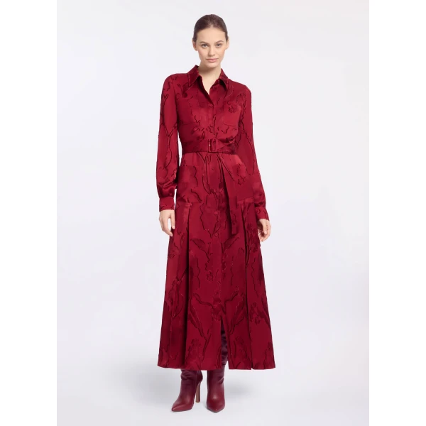 Elie Saab Pinstripe Cady Midi Dress in Red featuring Classic Collar – Luxury Designer Fashion at Luxury Shoes .