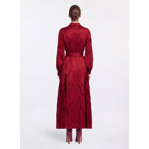Elie Saab Pinstripe Cady Midi Dress in Red featuring Classic Collar – Luxury Designer Fashion at Luxury Shoes .