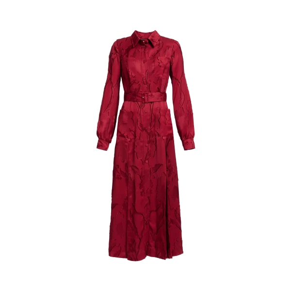 Elie Saab Pinstripe Cady Midi Dress in Red featuring Classic Collar – Luxury Designer Fashion at Luxury Shoes .