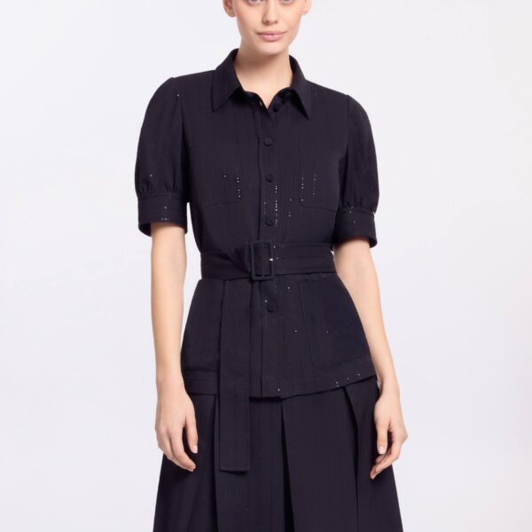 Elie Saab Pinstripe Crepe Shirt in Black featuring Classic Collar – Luxury Designer Fashion at Luxury Shoes .