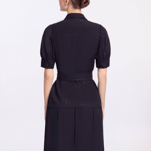 Elie Saab Pinstripe Crepe Shirt in Black featuring Classic Collar – Luxury Designer Fashion at Luxury Shoes .
