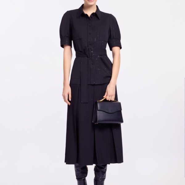 Elie Saab Pinstripe Crepe Shirt in Black featuring Classic Collar – Luxury Designer Fashion at Luxury Shoes .
