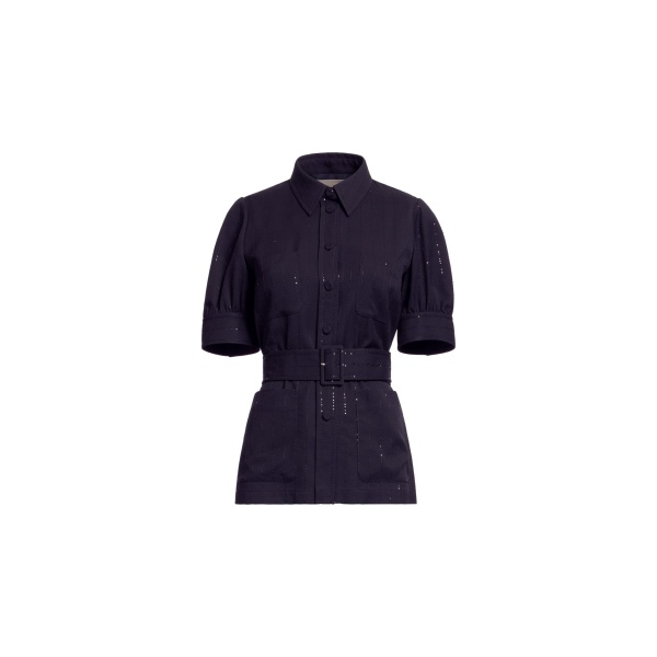 Elie Saab Pinstripe Crepe Shirt in Black featuring Classic Collar – Luxury Designer Fashion at Luxury Shoes .