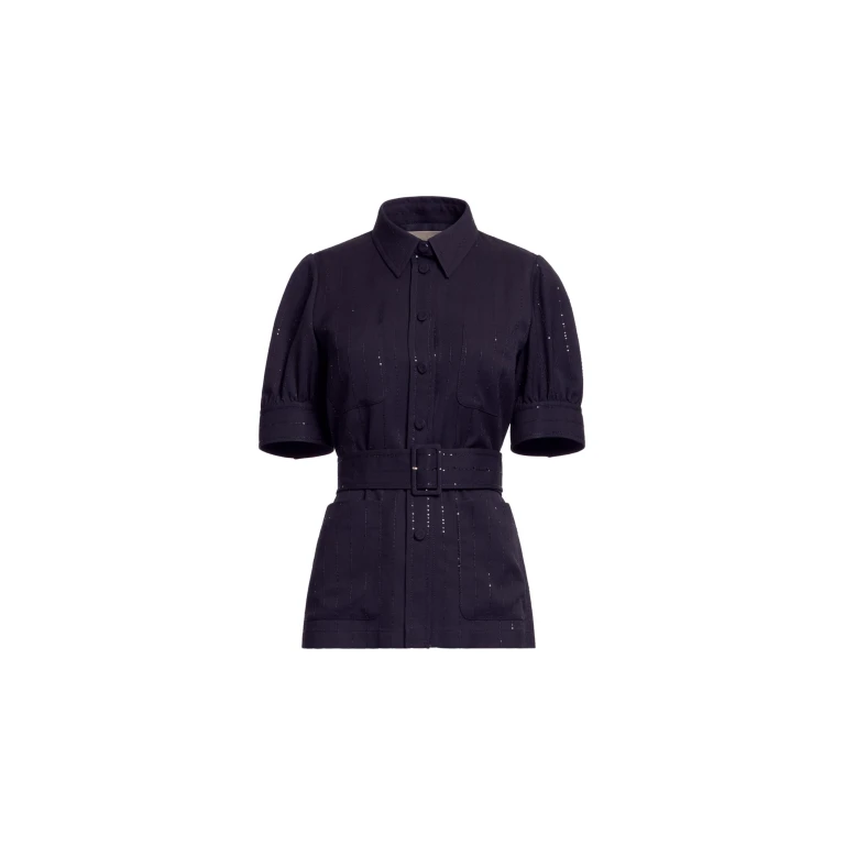 Elie Saab Pinstripe Crepe Shirt in Black featuring Classic Collar – Luxury Designer Fashion at Luxury Shoes .