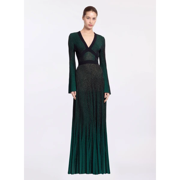 Elie Saab Pleated Knit Long Dress in Green featuring Pleated Knit – Luxury Designer Fashion at Luxury Shoes .