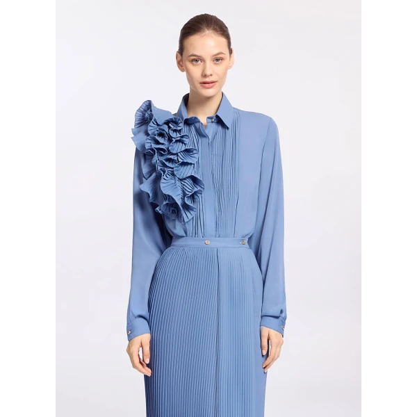 Elie Saab Pleated Ruffle Chiffon Shirt in Blue featuring Pleated Ruffle Details – Luxury Designer Fashion at Luxury Shoes .