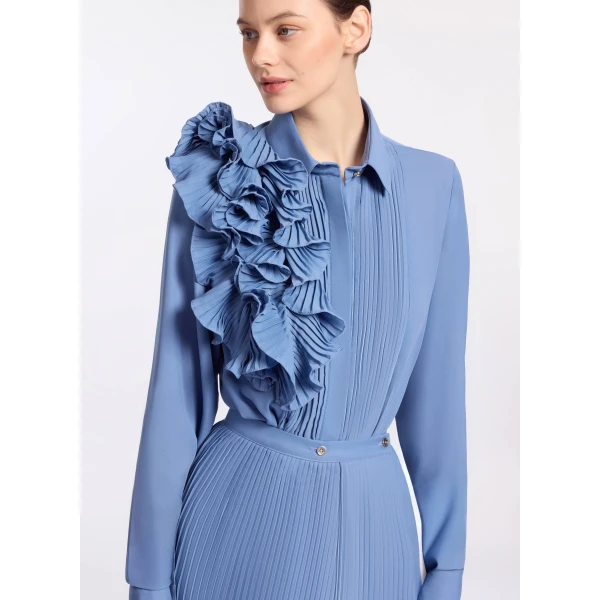 Elie Saab Pleated Ruffle Chiffon Shirt in Blue featuring Pleated Ruffle Details – Luxury Designer Fashion at Luxury Shoes .