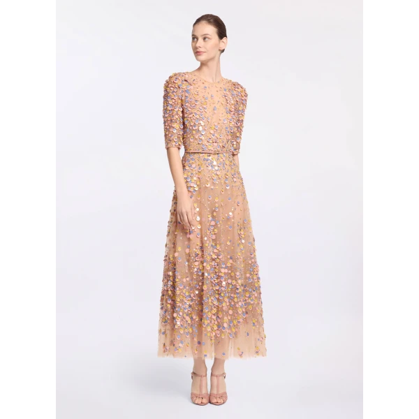 Elie Saab Sequin Embroidered Midi Dress in Pink featuring Multicolored Sequins – Luxury Designer Fashion at Luxury Shoes .